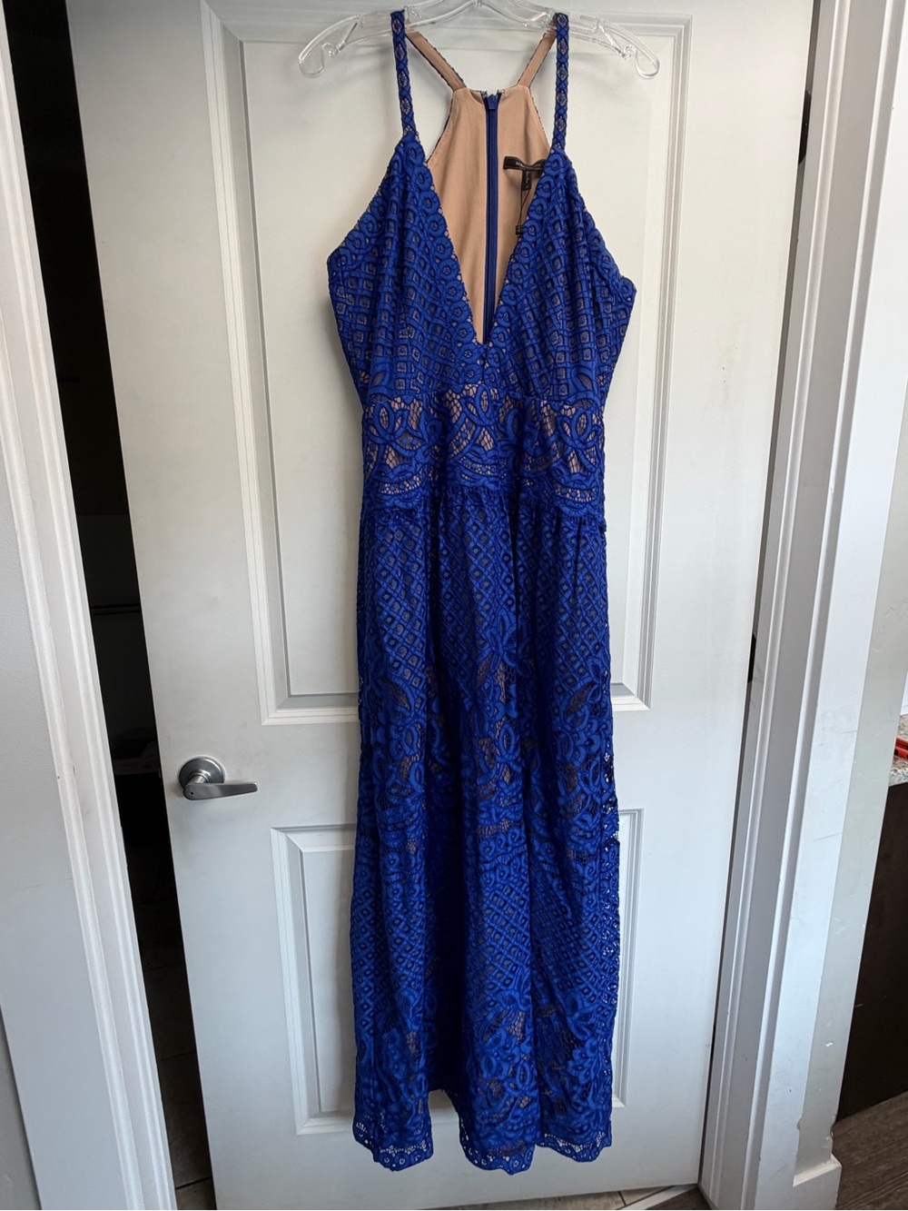 BCBGMAXAZRIA Christel Halter Gown featuring royal blue lace over a nude lining